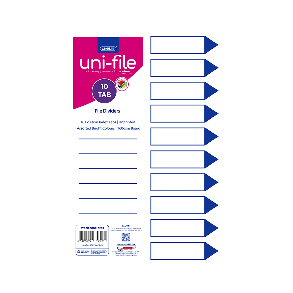 Marlin File Dividers / Indexes 160gsm Bright Board: 10 Position