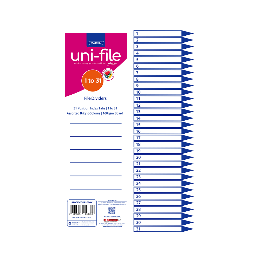 Marlin File Dividers / Indexes 160gsm Bright Board: 1 To 31