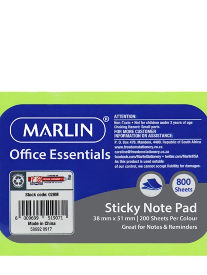 028M_Marlin-Sticky-Note-Pad-38x51mm-8x100-Sheets-Cube_Front