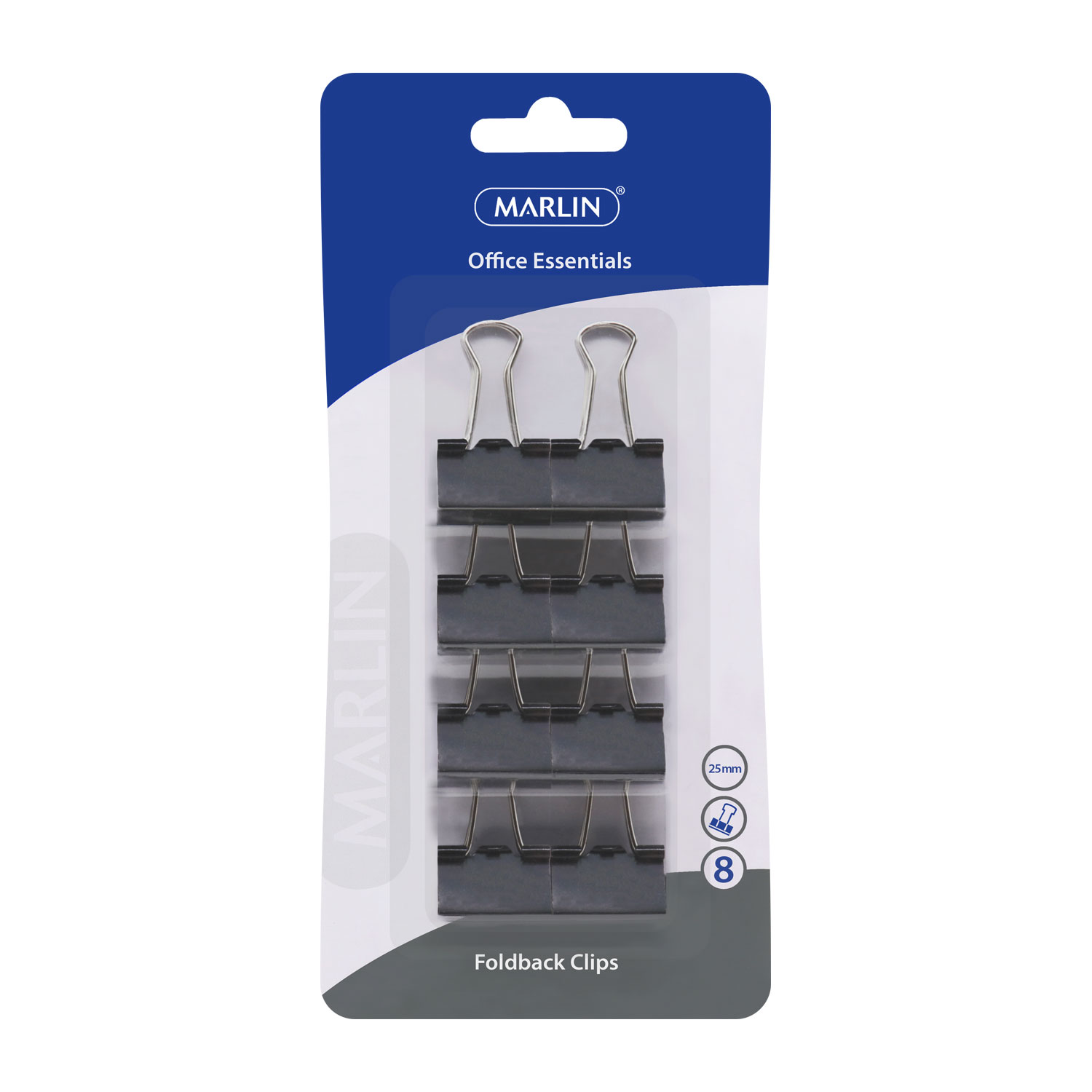 Marlin Office Essentials Fold Back Clips 25mm 8’s – On Blister Card