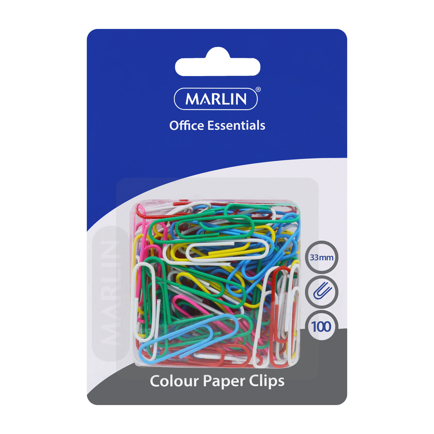 Marlin Office Essentials Colour Paper Clips 33mm 100’s Blister Card
